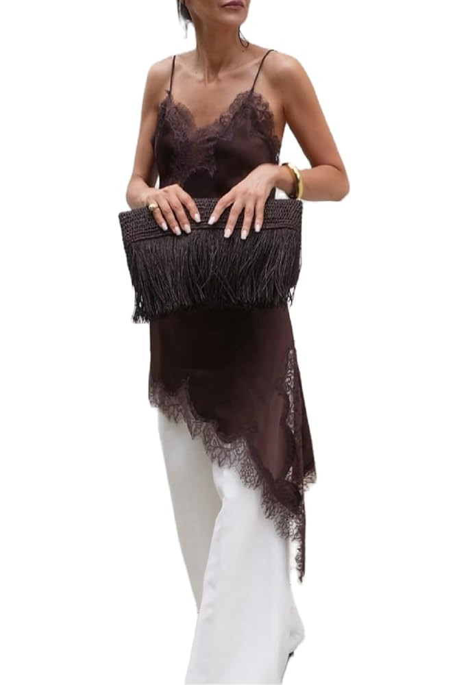 Silk Lace Trim Camisole Tops for Women Satin Layering Asymmetrical Tops Lace Patchwork Cami Tank ... | Amazon (US)