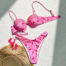 Cherry And Gingham Print Bow Decorated Bikini Swimwear Set Valentine | SHEIN