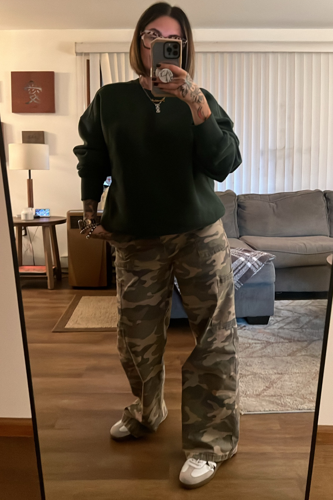 The cargos are from Walmart and there is low stock , super popular! The cargos also have elastic in the back of the waist band . The crewneck is from aerie in the cloud fleece, super soft . Of course let’s not forget the adidas Zumba’s , they go with everything.  #cargo #sogood #camouflage # sneakerlove

Cargo-medium 
Crewneck-medium 
Sneakers-7.5
I’m 5.4” 138lbs 

#LTKMostLoved #LTKWatchNow