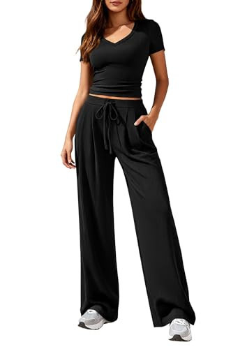 PRETTYGARDEN 2 Piece Sets for Women Summer 2026 Spring Lounge Set Matching V Neck Tops Wide Legs Pants Airport Travel Outfits (Black,Large) | Amazon (US)