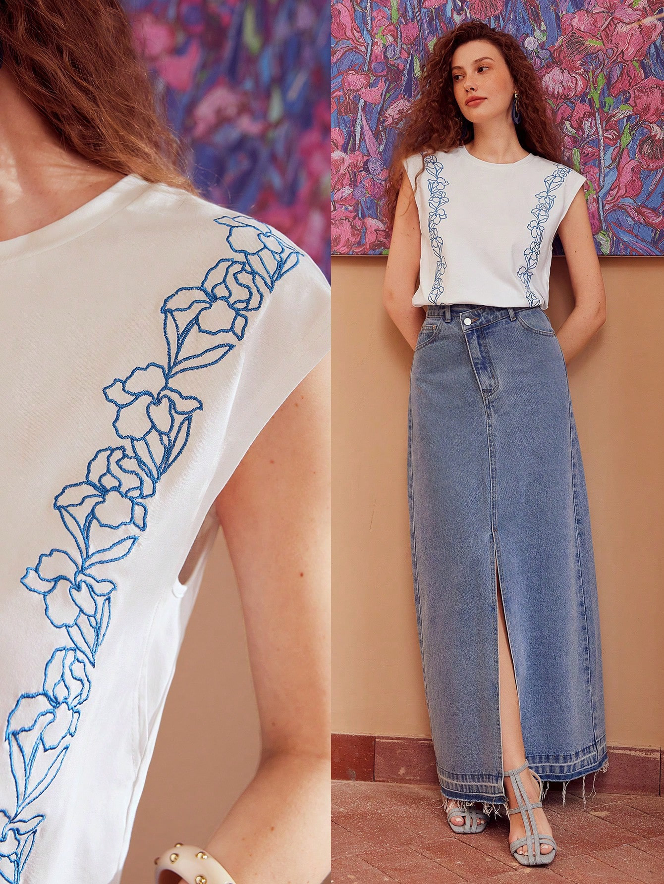 MOTF PREMIUM EMBROIDERY FLORAL PATTERN BATWING SLEEVE TEE | SHEIN USA | SHEIN