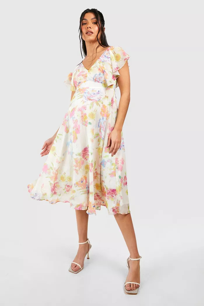 Maternity Occasion Floral Tie Back Frill Midi Dress | boohoo (US & Canada)