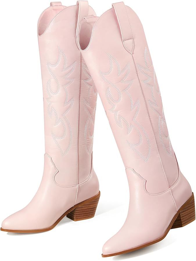 Ouepiano Cowboy Boots for Women Knee High Wide Calf Cowgirl Boots Embroidered Chunky Heels Pointe... | Amazon (US)