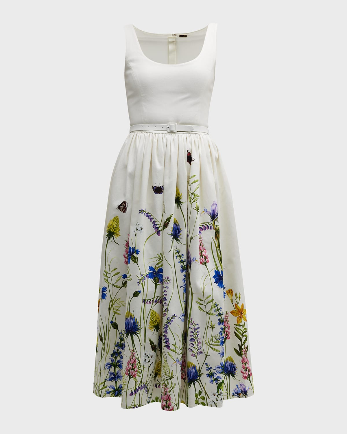 Eliose Garden-Print Belted Fit-&-Flare Midi Dress | Neiman Marcus