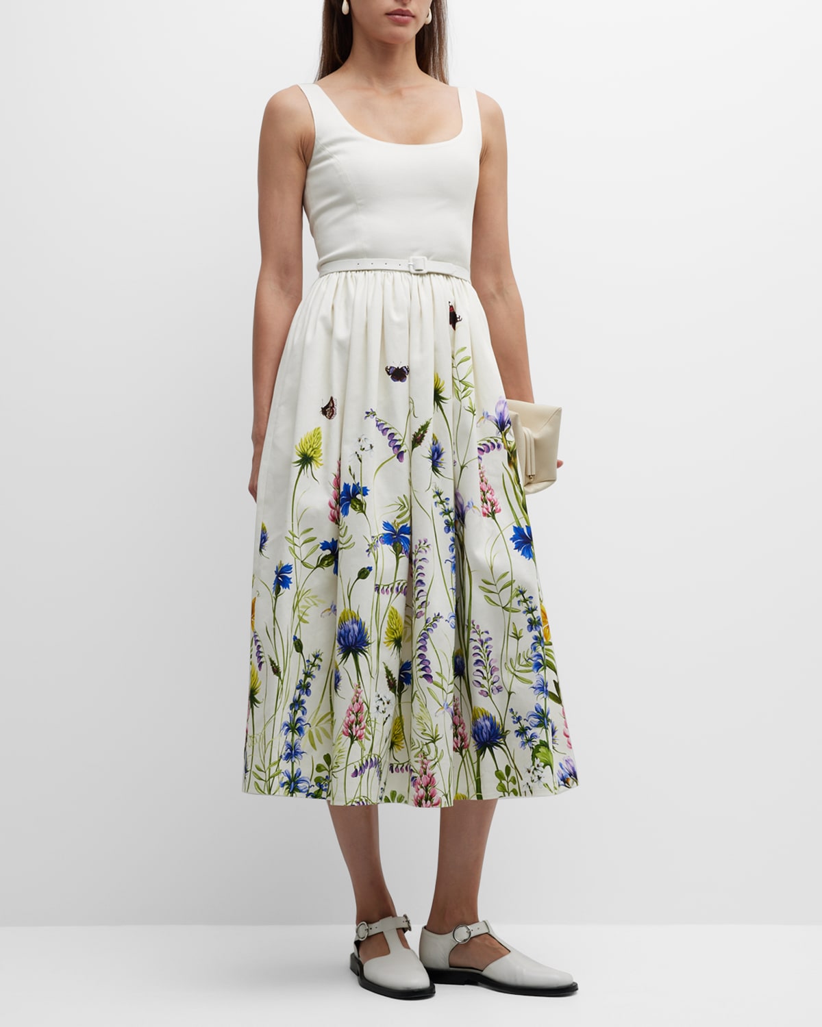 Eliose Garden-Print Belted Fit-&-Flare Midi Dress | Neiman Marcus