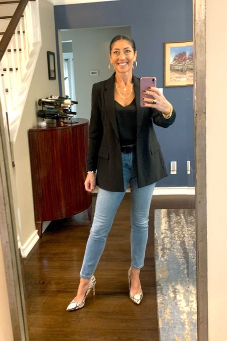 Black blazer date night outfit. Amazon  blazer, size small. Old Navy straight leg jeans, size 4. Target cami in black, size small. Sam Edelman snake print pumps  

#LTKfindsunder100 #LTKover40 #LTKstyletip