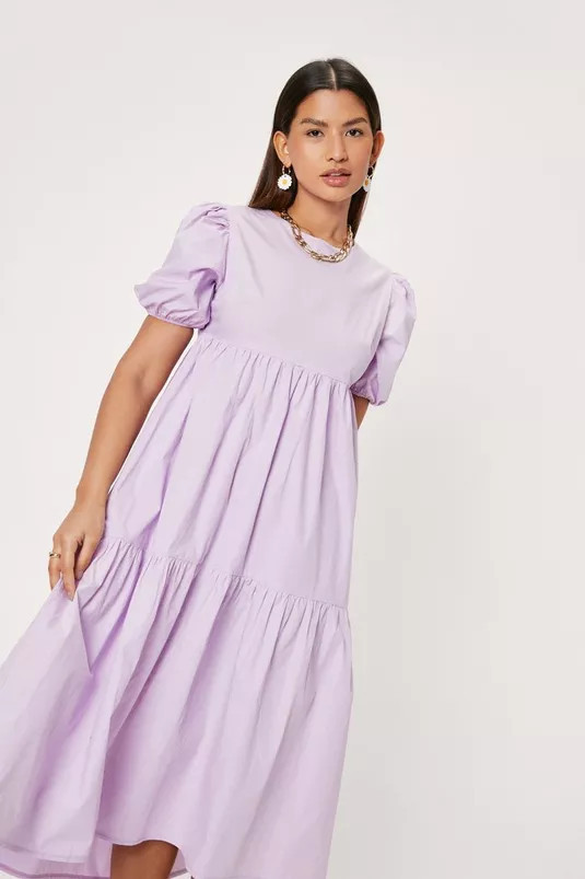 High Neck Puff Sleeve Tiered Midi Dress | Nasty Gal (US)