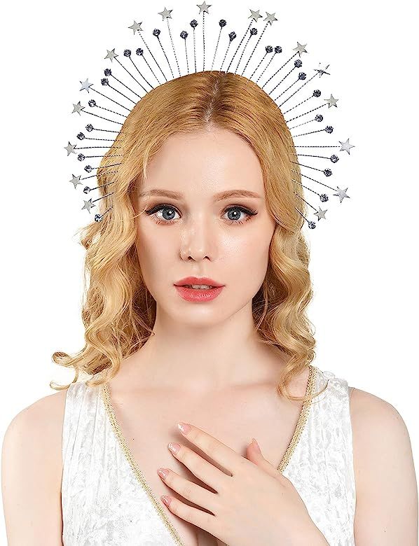 Halo Crown Moon Stars Goddess Crown Halo Headband Bridal Headpiece Tiara Boho Wedding Accessory | Amazon (US)