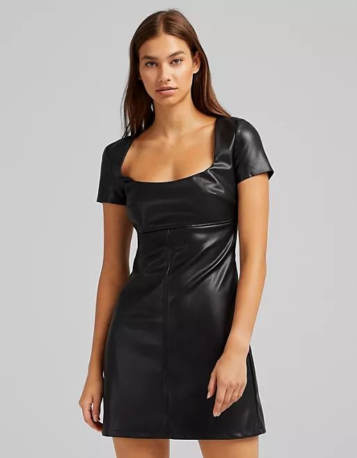 Bershka square neck faux leather mini dress in black | ASOS (Global)