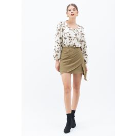 Ruched Pleated Asymmetric Mini Skirt in Khaki | Chicwish