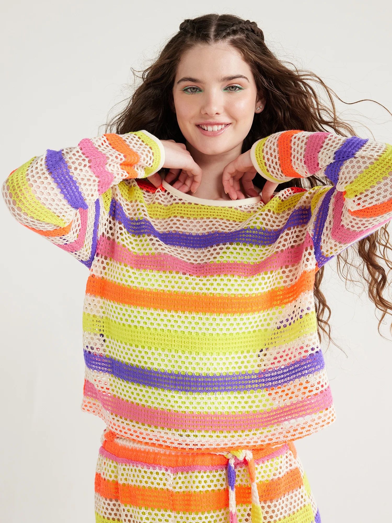 No Boundaries Juniors Crochet Coverup Top with Long Sleeves, Sizes S-2XL - Walmart.com | Walmart (US)