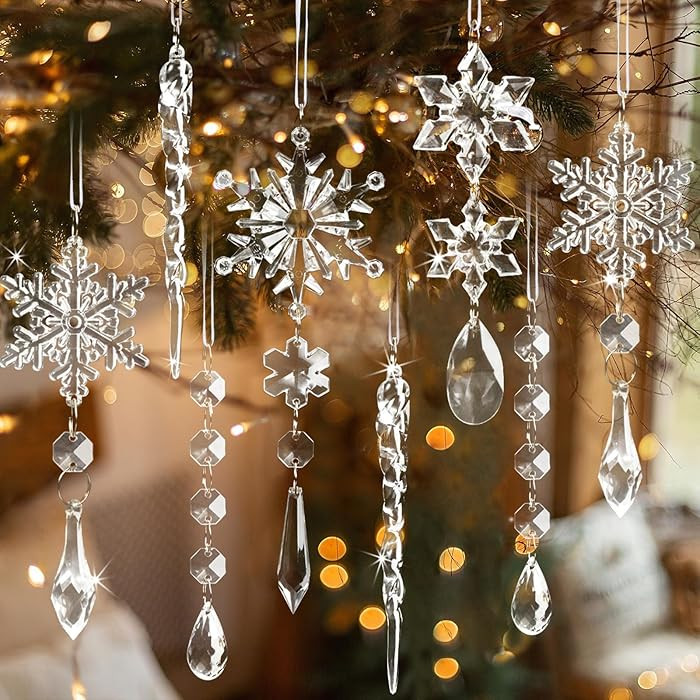 18pcs Crystal Christmas Ornaments for Tree Decorations-Hanging Acrylic Snowflake Icicle Ornaments... | Amazon (US)