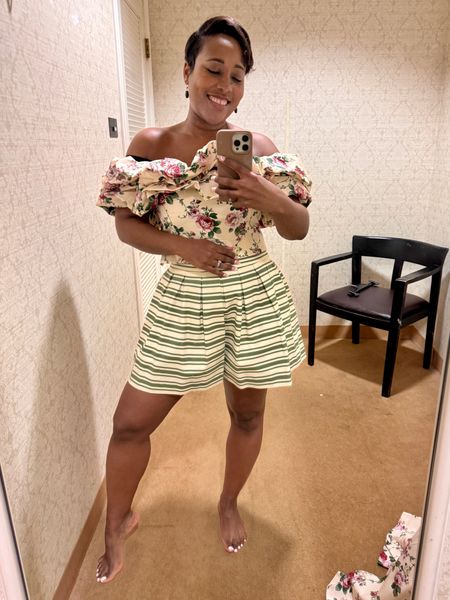 Mixed print spring outfit 

Off the shoulder cropped top 
Ruffle shorts (the cutest! They look like a skirt!)

Spring outfit
Casual day outfit 
Italian summer outfit 

#LTKSeasonal