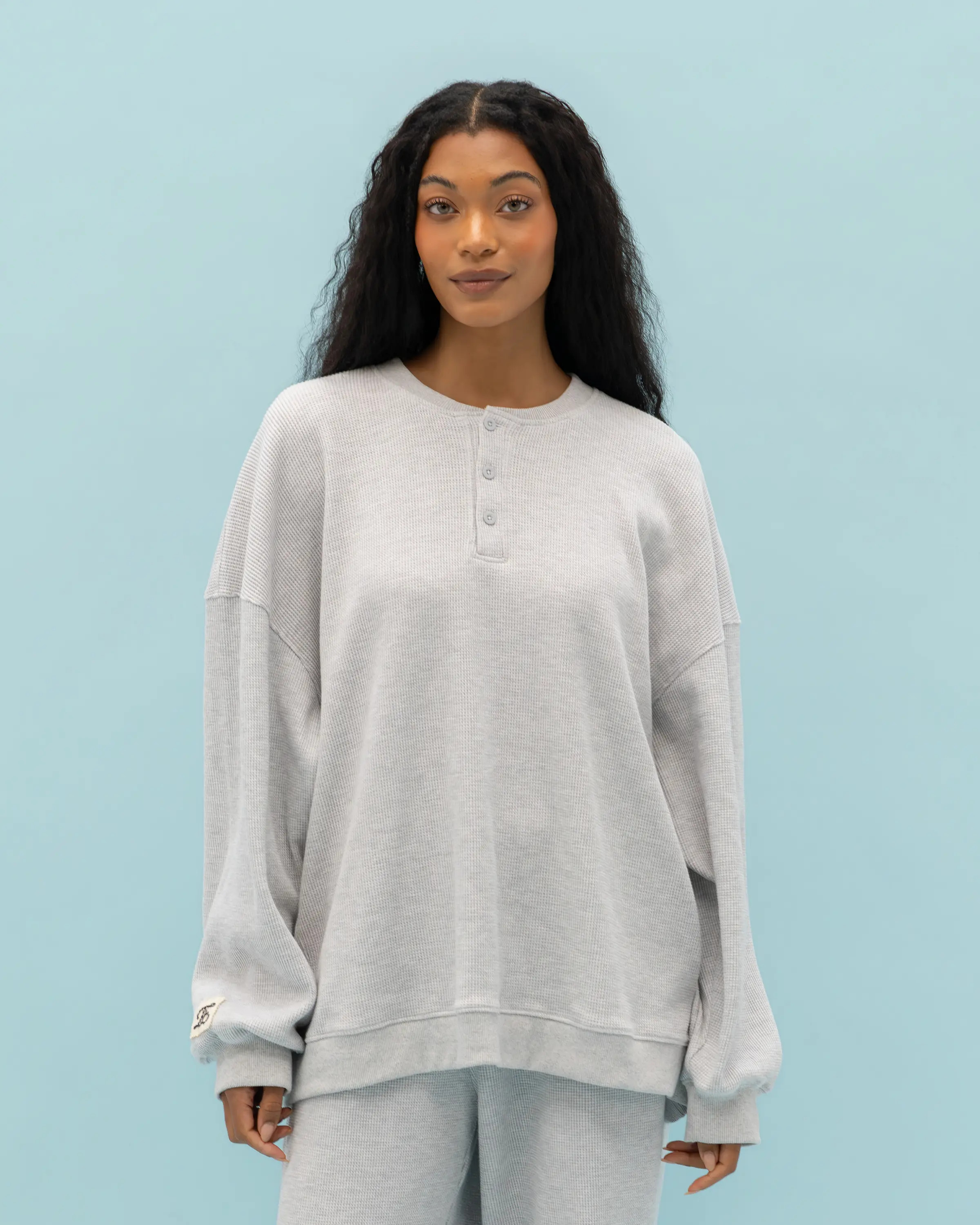Long Sleeve Waffle Henley in Light Ash Grey | Eleven Eleven