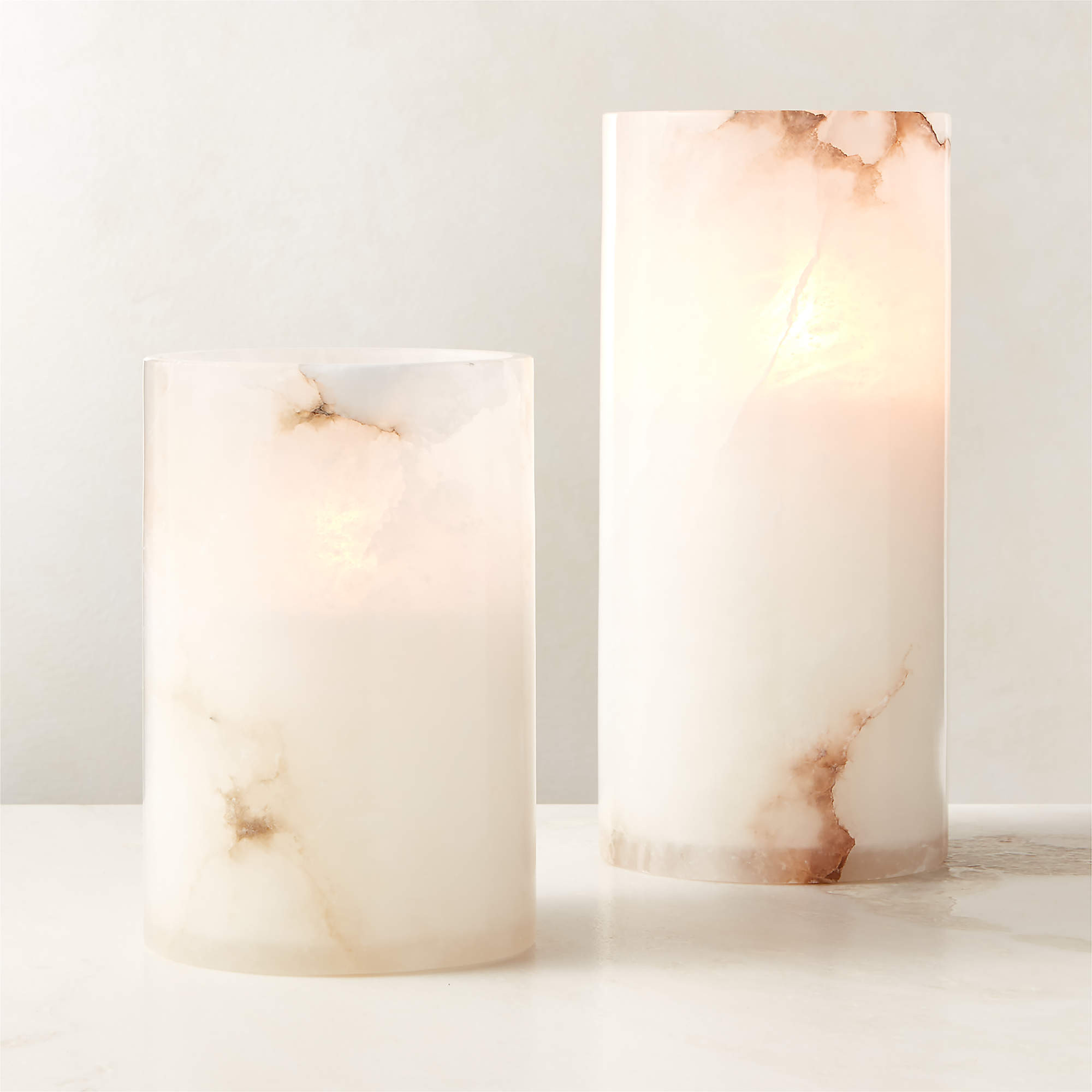 Poe White Alabaster Pillar Candle Holders Set of 2 + Reviews | CB2 | CB2