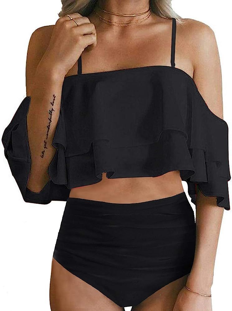 Tempt Me Women Two Piece Swimsuit High Waisted Bikini Off Shoulder Ruffle Bathing Suits | Amazon (US)