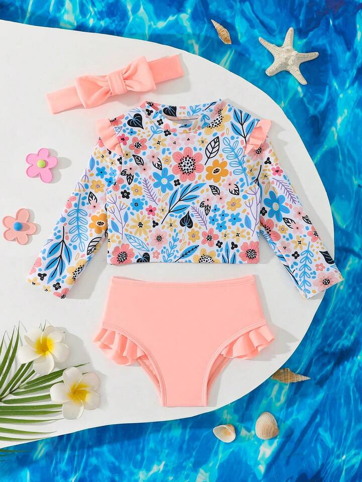 Baby Girl Floral Print Ruffle Swimsuit Set With Headband, Summer Vacation | SHEIN