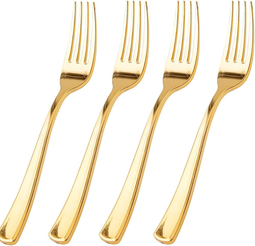 WDF 100 Piece Gold Plastic Forks - 7.4inch Gold Forks Disposable - Gold Plastic Silverware for De... | Amazon (US)