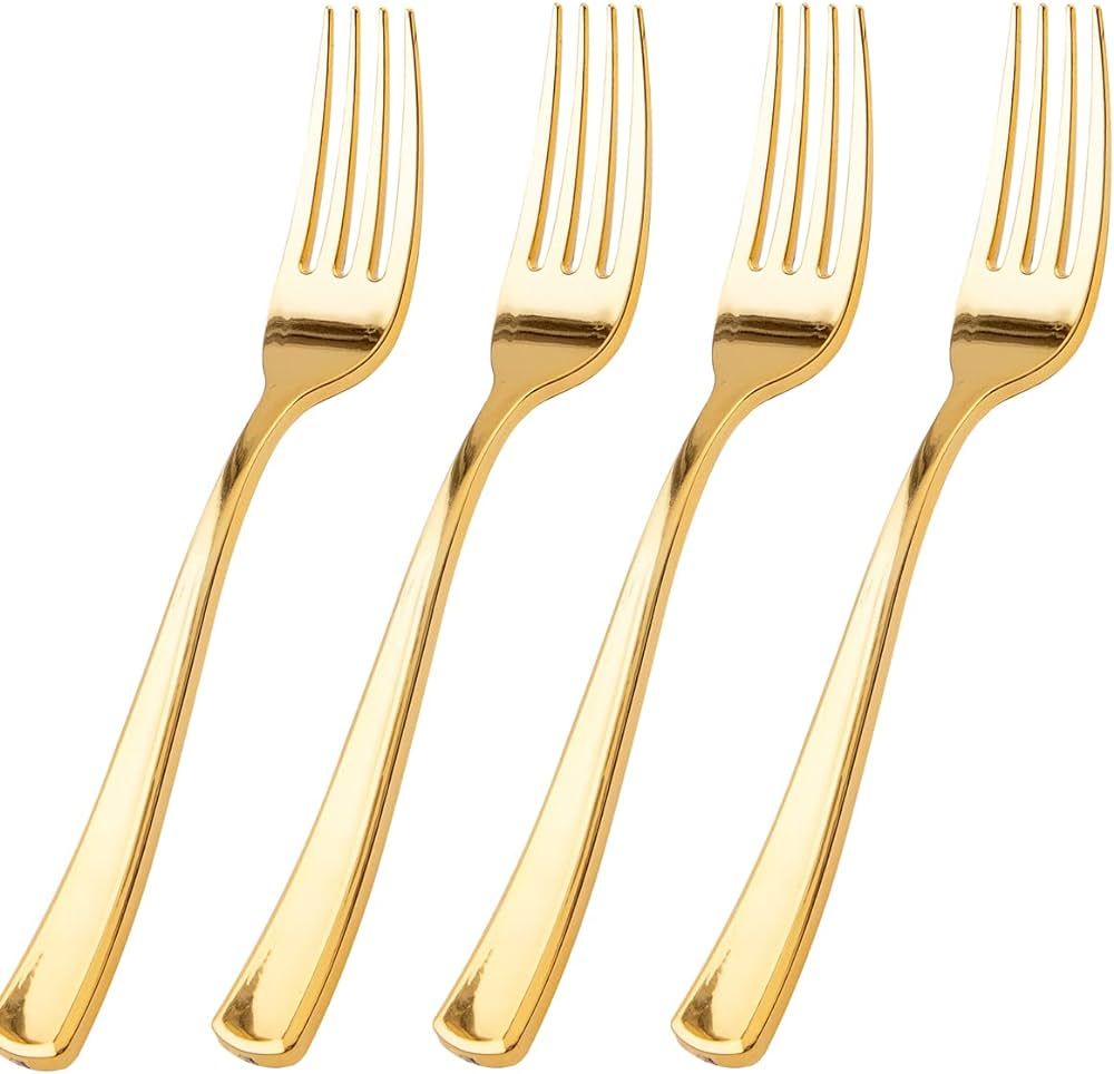 WDF 100 Piece Gold Plastic Forks - 7.4inch Gold Forks Disposable - Gold Plastic Silverware for De... | Amazon (US)