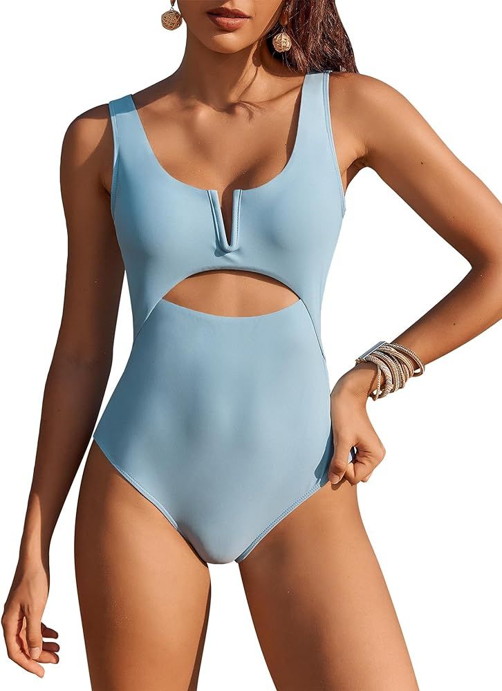 AI'MAGE Womens One Piece Swimsuits Tummy Control Bathing Suit 2024 Cutout High Waisted V Neck Mon... | Amazon (US)