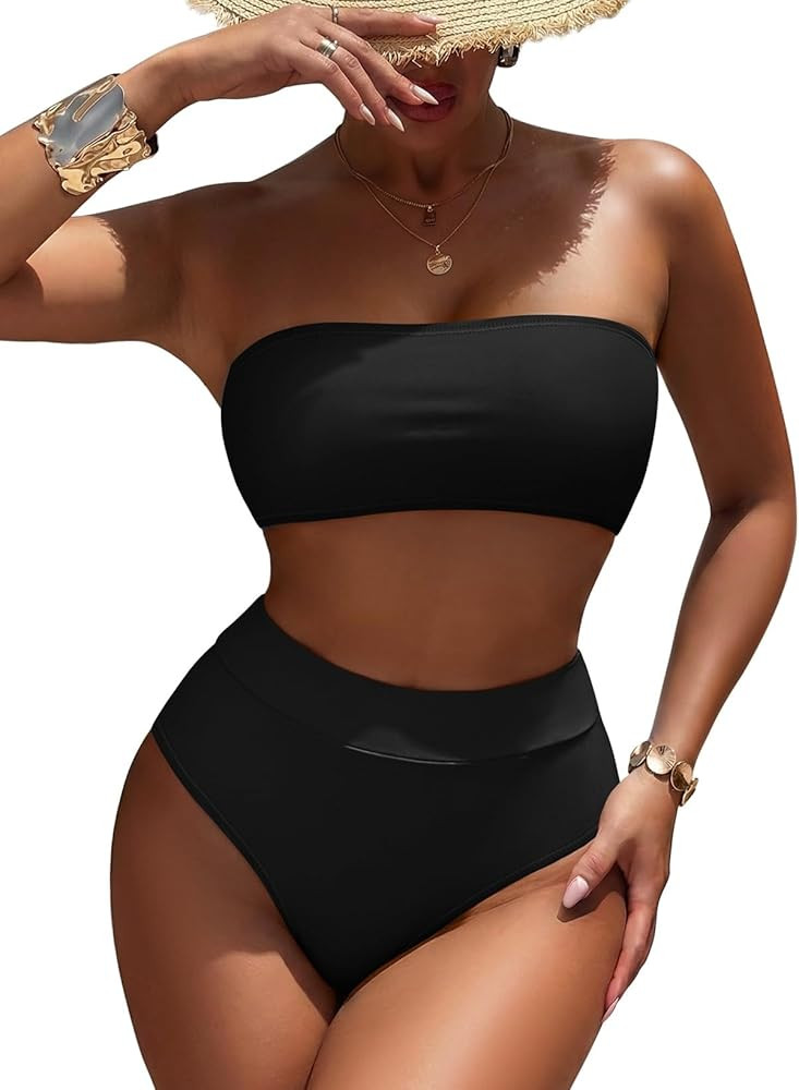 Pink Queen Women's High Waist Bikini Set Removable Strap Bandeau Two Piece Swimsuit Bathing Suit | Amazon (US)