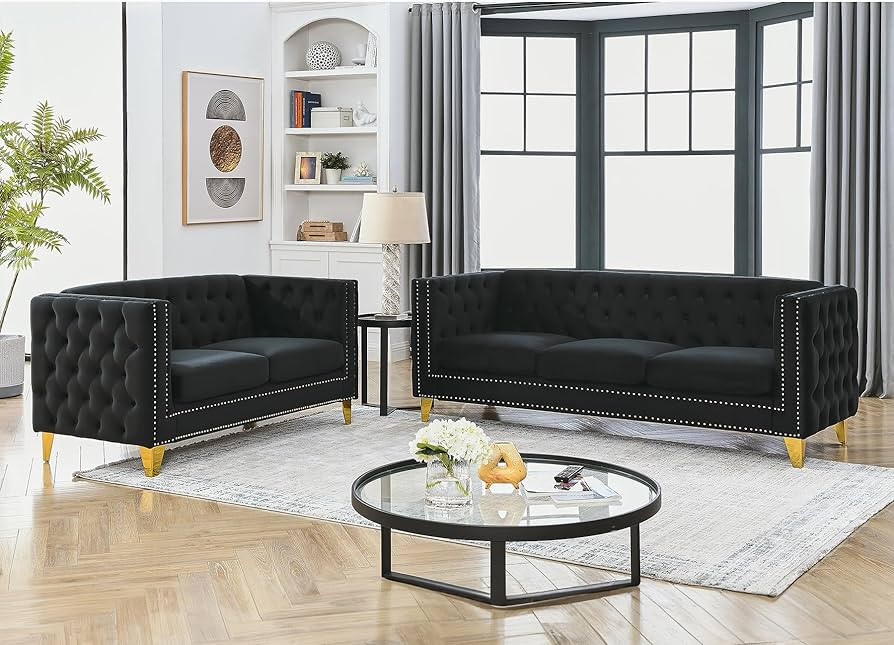 Velvet Living Room Sofa Set of 2, Comfy Loveseat and 3 Seater Couch, Modern Sofa with Tufted Back and Rivet Decoration, Upholstered Long Couch with Solid Golden Metal Tapered Legs, Black | Amazon (US)