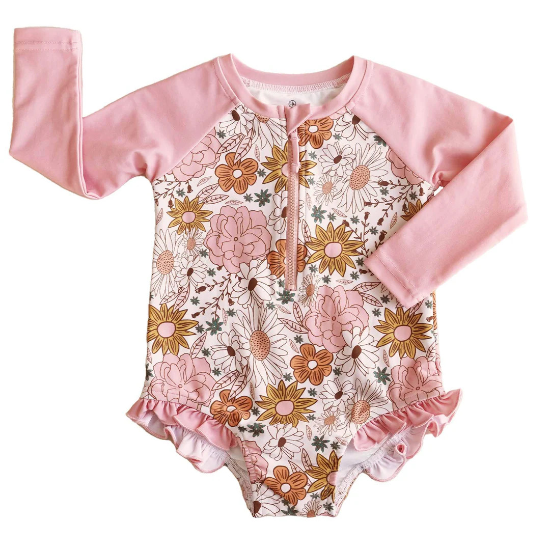 Long Sleeve Rash Guard with Front Zipper | Boho Floral | Caden Lane