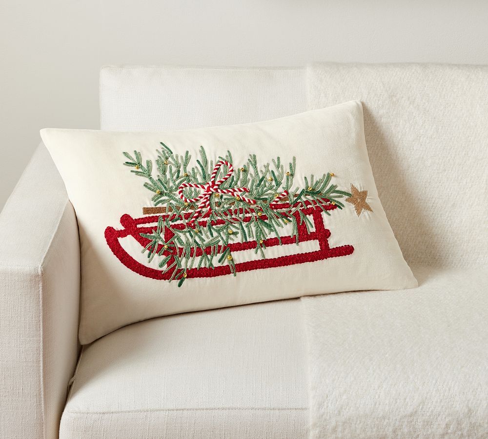 Christmas Tree Sled Embroidered Lumbar Pillow | Pottery Barn (US)