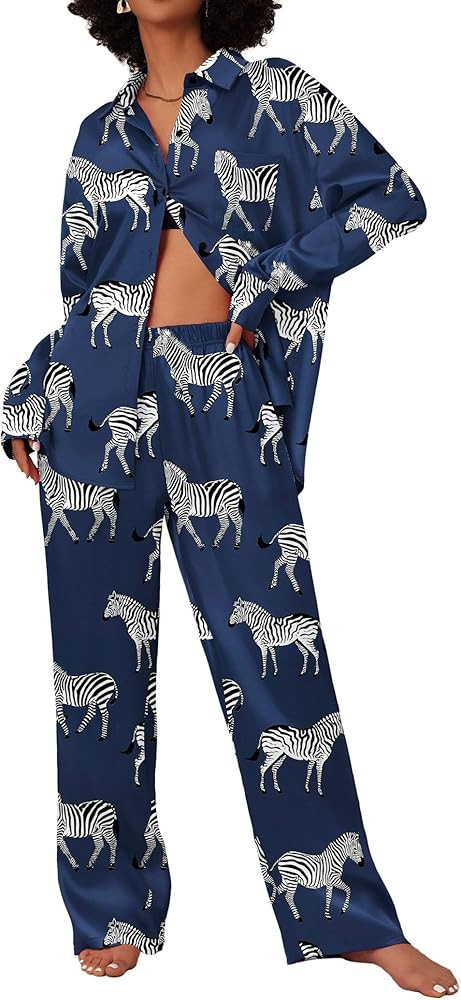 Ekouaer Womens Satin Silky Pajama Set 2 Piece Print PJs Soft Loungewear Button Down Sleepwear wit... | Amazon (US)