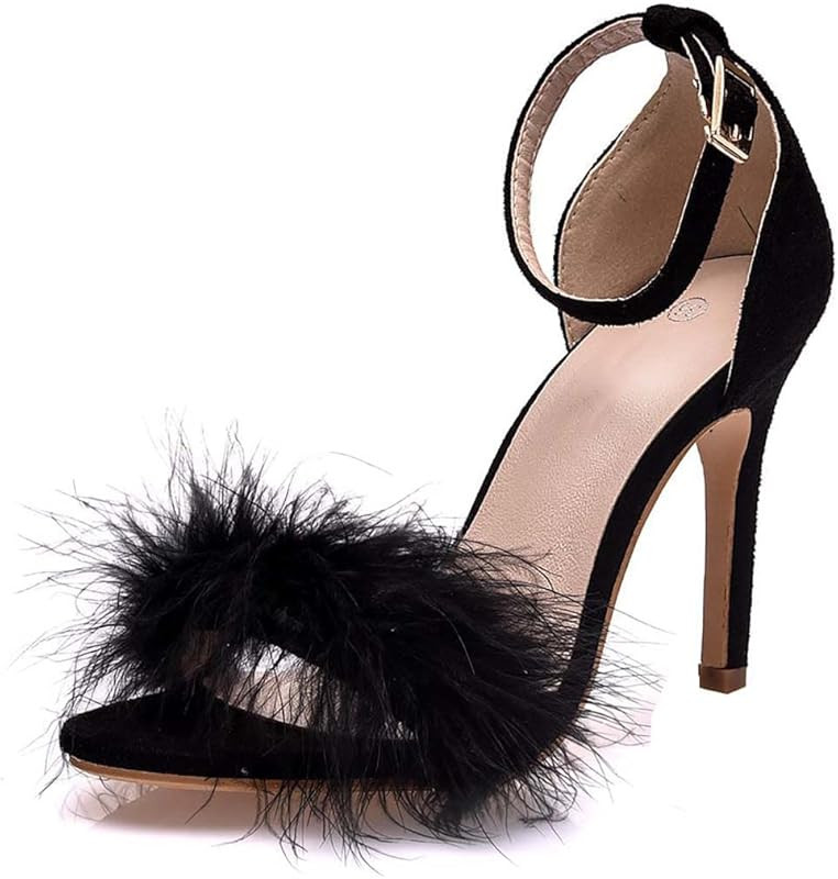 JOEupin Women's Fluffy Marabou Feather High Heels Strappy Heeled Sandals with Fur | Amazon (US)