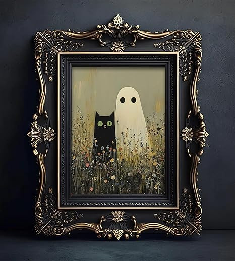 Funny Black Cat Ghost Canvas Wall Art Wildflowers Ghost Poster Decor Cute Rural Farmhouse Prints ... | Amazon (US)