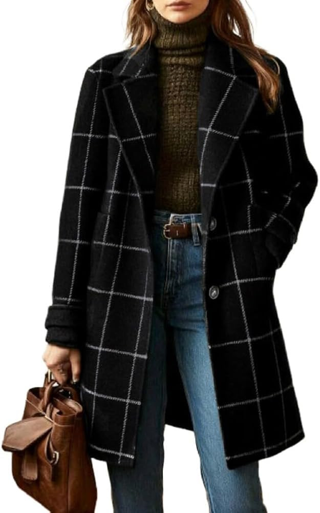 chouyatou Women's Winter Notched Collar Plaid Wool Trench Coat Button Down Mid Long Overcoat Oute... | Amazon (US)