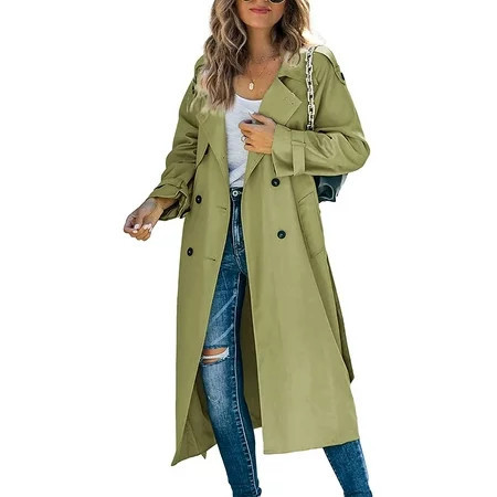 Canrulo Women s Waterproof Double-Breasted Trench Coat Classic Lapel Overcoat Slim Outerwear Coat with Belt Army Green L | Walmart (US)