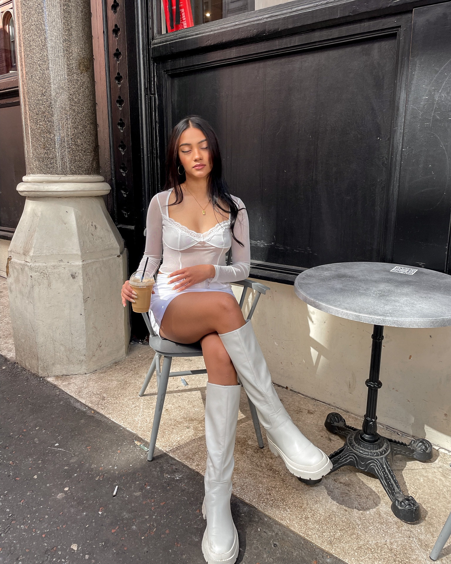 Boots, white boots, knee high boots, white lace top, white outfit, all-white outfit, mesh top, mesh long sleeve top, white, skirt, white skirt, miniskirt 

#LTKFind #LTKshoecrush #LTKstyletip