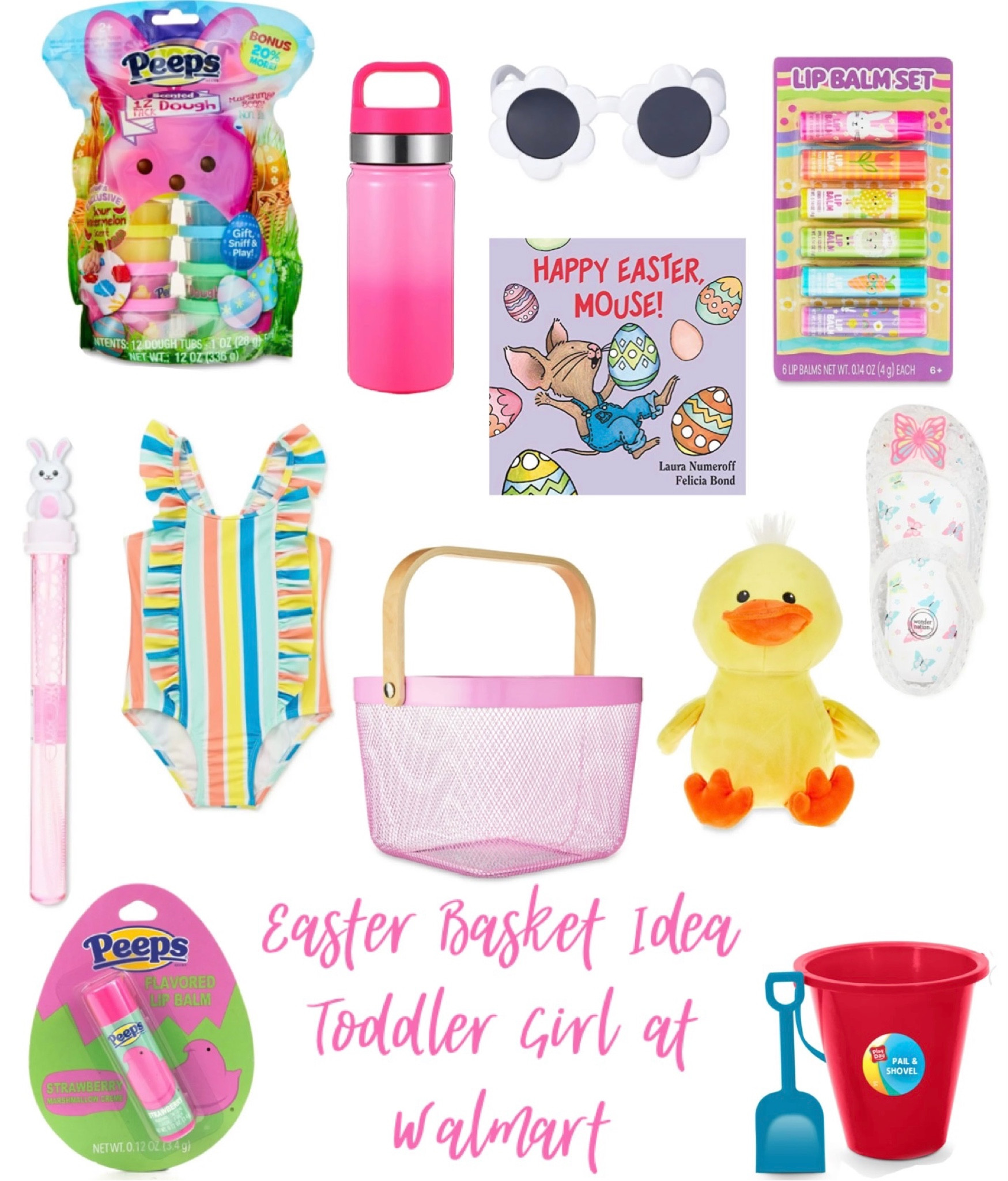 Easter basket idea for toddler girl at Walmart! Walmart Easter basket! Walmart Easter! Wonder nation swimsuits, shoes, outdoor toys, bubbles, chapstick, shovel and pail, stuffed animal, books, play dough, sunglasses, peeps!! 

#LTKSeasonal #LTKfamily #LTKkids