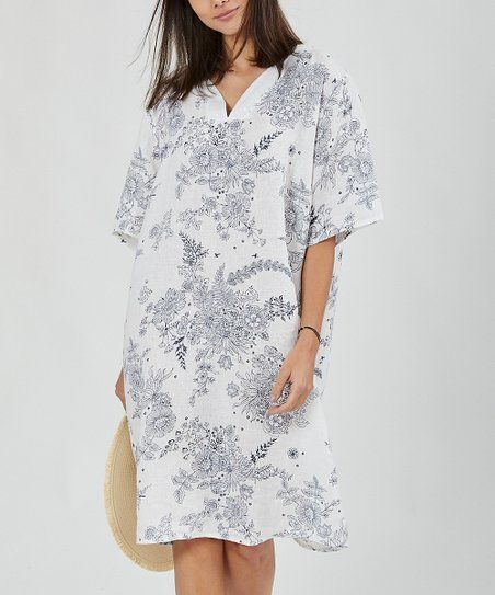 White & Blue Floral V-Neck Linen Shift Dress - Women & Plus | Zulily