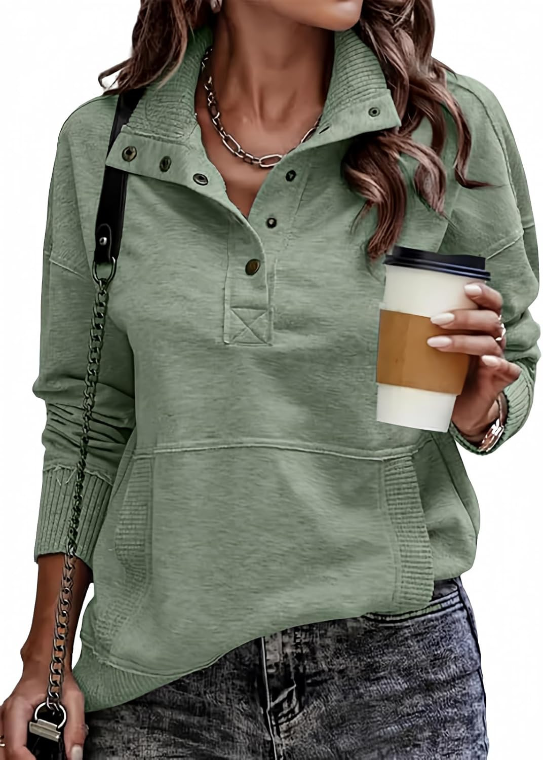 SHEWIN Women's Casual Long Sleeve Stand Neck Sweatshirt Lightweight Button Drawstring Pullover Tops | Amazon (US)