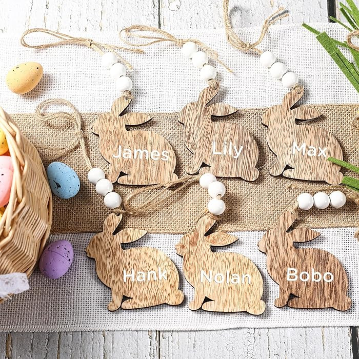 Easter Decorations-12PCS Easter Basket Name Tags - DIY Unfinished Blank Bead Wood Easter Bunny Ta... | Amazon (US)