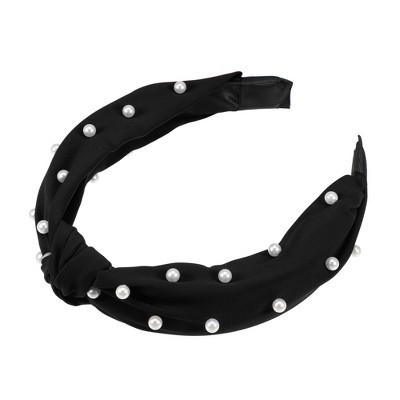 Unique Bargains Women's Satin Knotted Pearl Headband 1.1 Inch Wide 1 Pc Black | Target