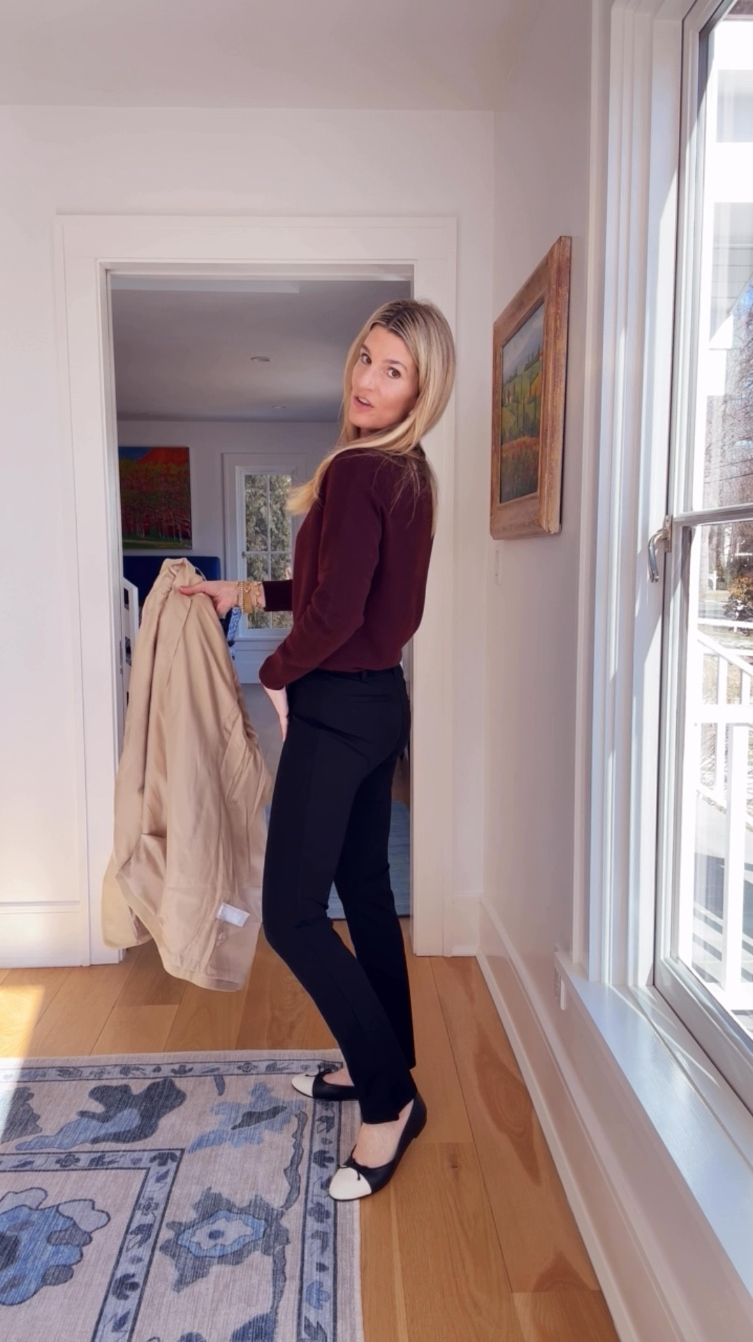 I am wearing sz S in pants, Sz M in the sweater and coat (I have broad shoulders) and the flats run TTS. My necklaces are MB styles and use code SUNNY10 for 10% off sitewide.