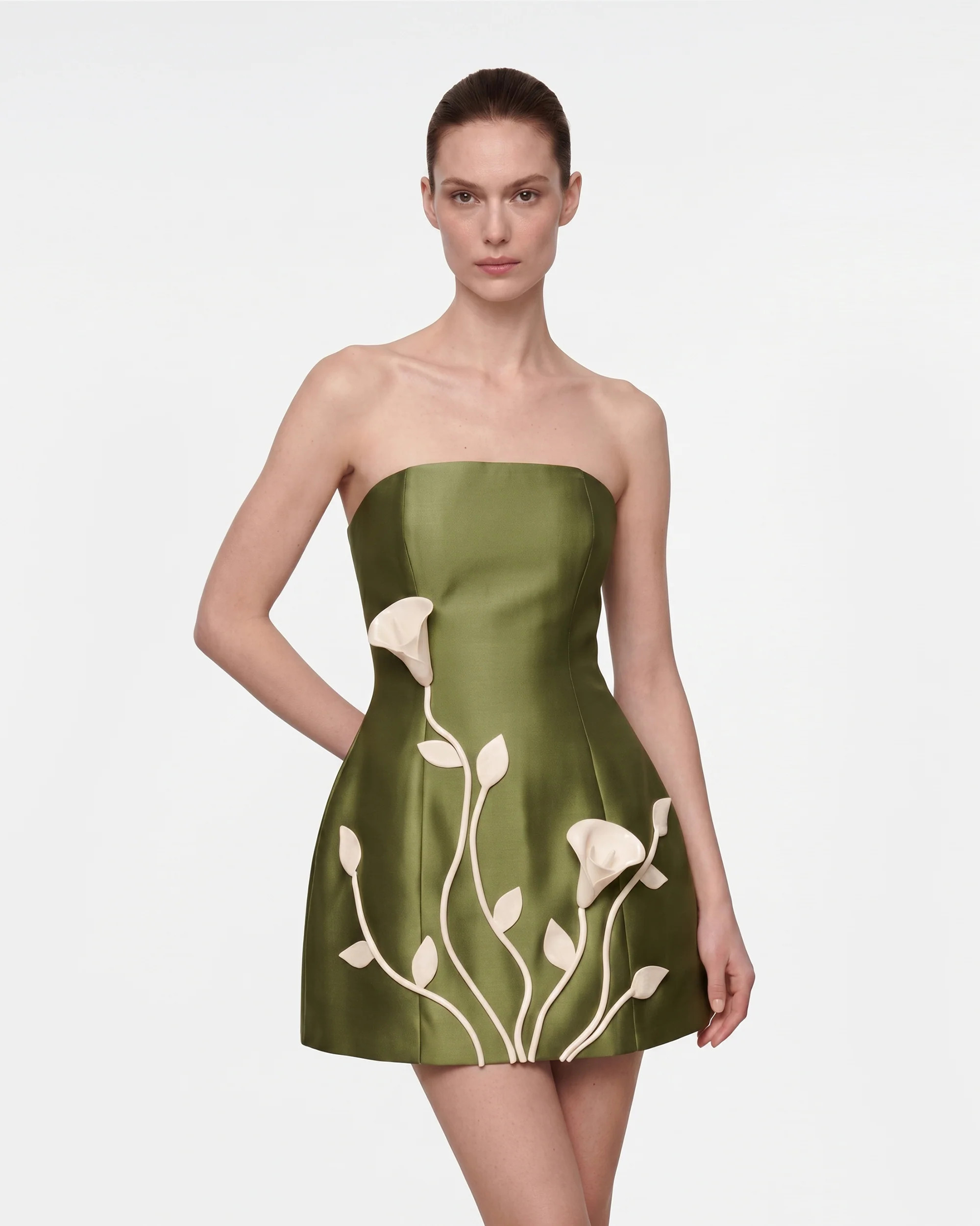3D Vine Floral Strapless Mini Dress - Olive Green | JW PEI US