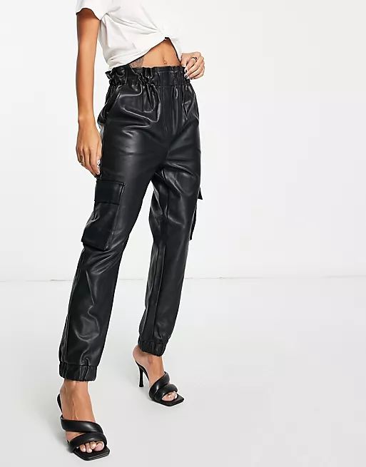 Miss Selfridge faux leather cargo pants in black | ASOS (Global)