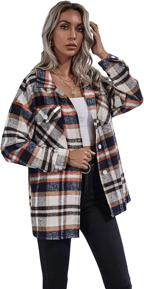 Women's Casual Color Block Plaid Wool Blend Shirt Jacket Coat Long Sleeve Button Down Cardigan To... | Amazon (US)