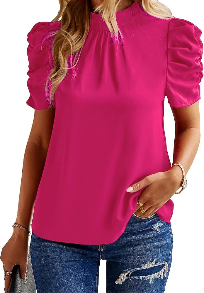 BTFBM Women's Summer Boho Shirt Top Ruffle Short Sleeve Frill Trim Mock Neck Floral Solid 2024 Ca... | Amazon (US)