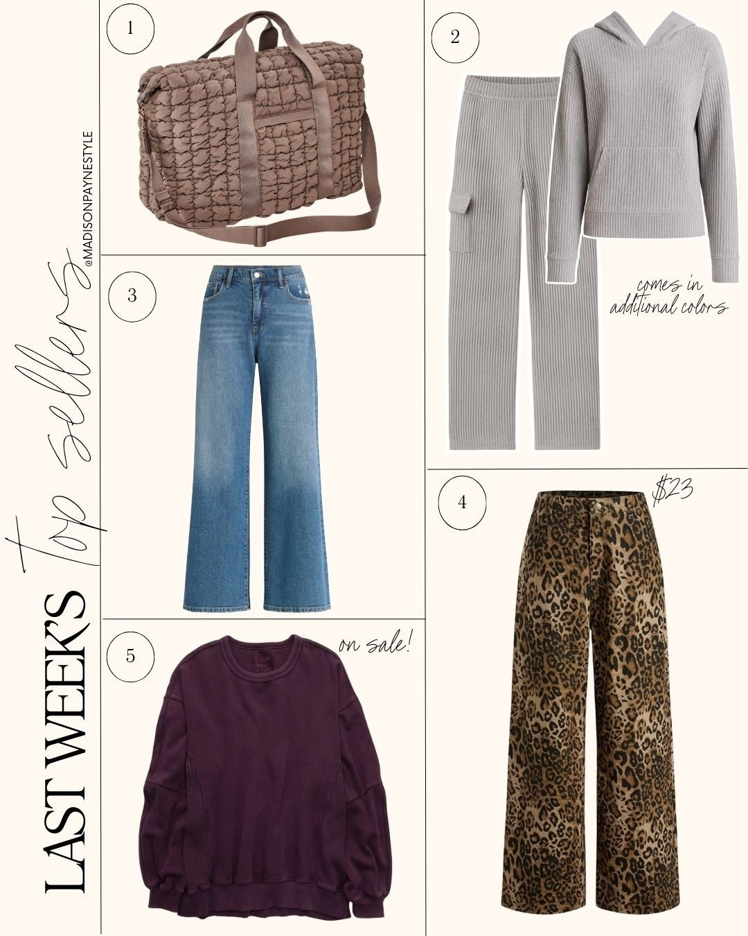 Baggy jeans, a waffle 2-piece set, animal print pants, a plum sweatshirt, and a weekender bag were last week’s best sellers 😍

Fall outfits, best sellers, travel, fall fashion, Madison Payne 

#LTKFindsUnder50 #LTKStyleTip #LTKSeasonal