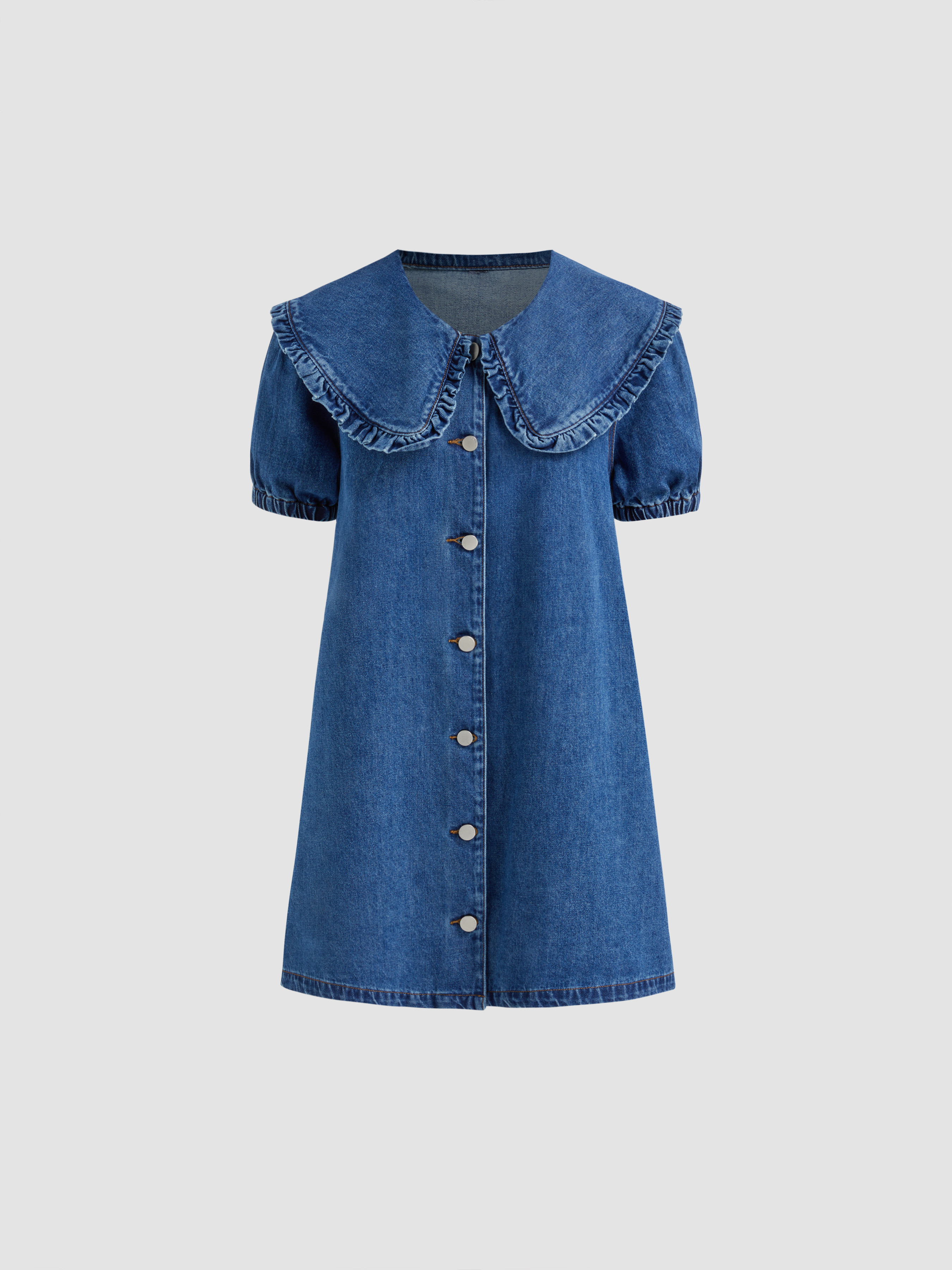 denim denim dress denim shirt dress Denim Denim Peter Pan Collar Button Through Smock Puff Sleeve... | Cider