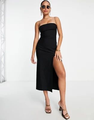 Vesper cami bandeau midi dress with thigh spilt in black | ASOS (Global)