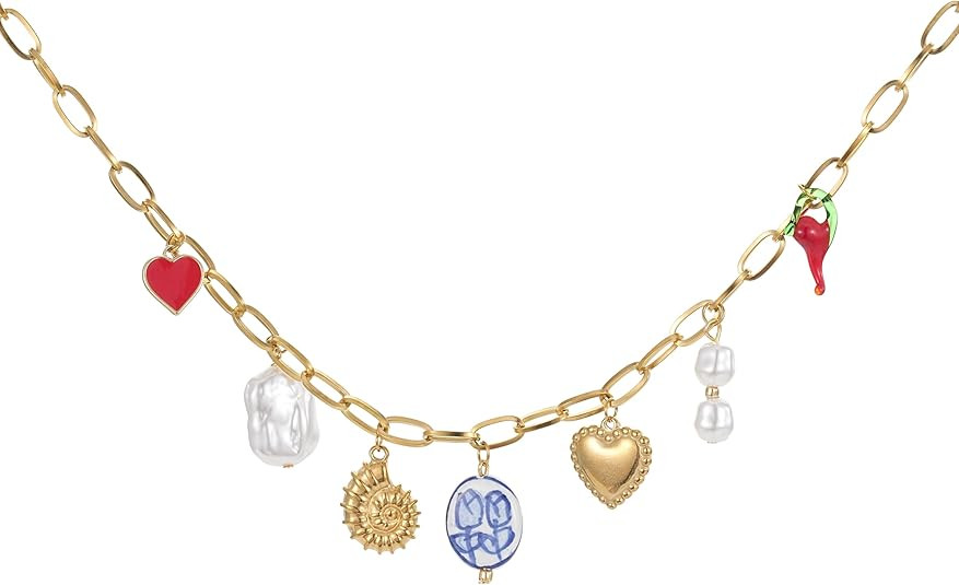 Trendy Stainless Steel Gold Plated Charm Necklace with Heart Pearl Pepper Conch Ceramic Pendant N... | Amazon (US)