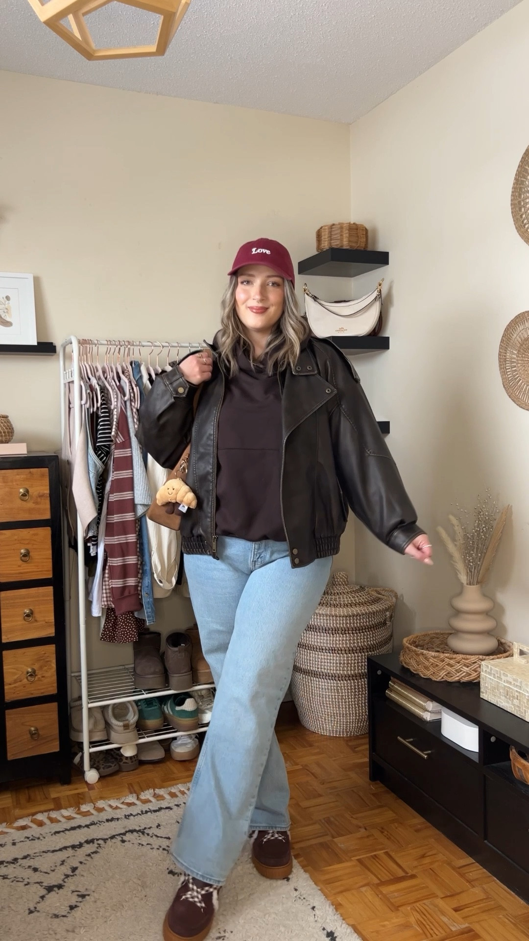 Casual winter outfit! Jeans are my all time fave, wearing size 32 for a looser fit. Chocolate brown hoodie runs big, sized down to M. Wearing my usual size L in the leather jacket + linked similar options also from Abercrombie. Sorel winter boots are waterproof and so warm, but size up if you plan to wear thick socks. My Coach bag is perfect for everyday and I reach for it constantly!

#LTKsale #LTKmidsize #LTKwinter