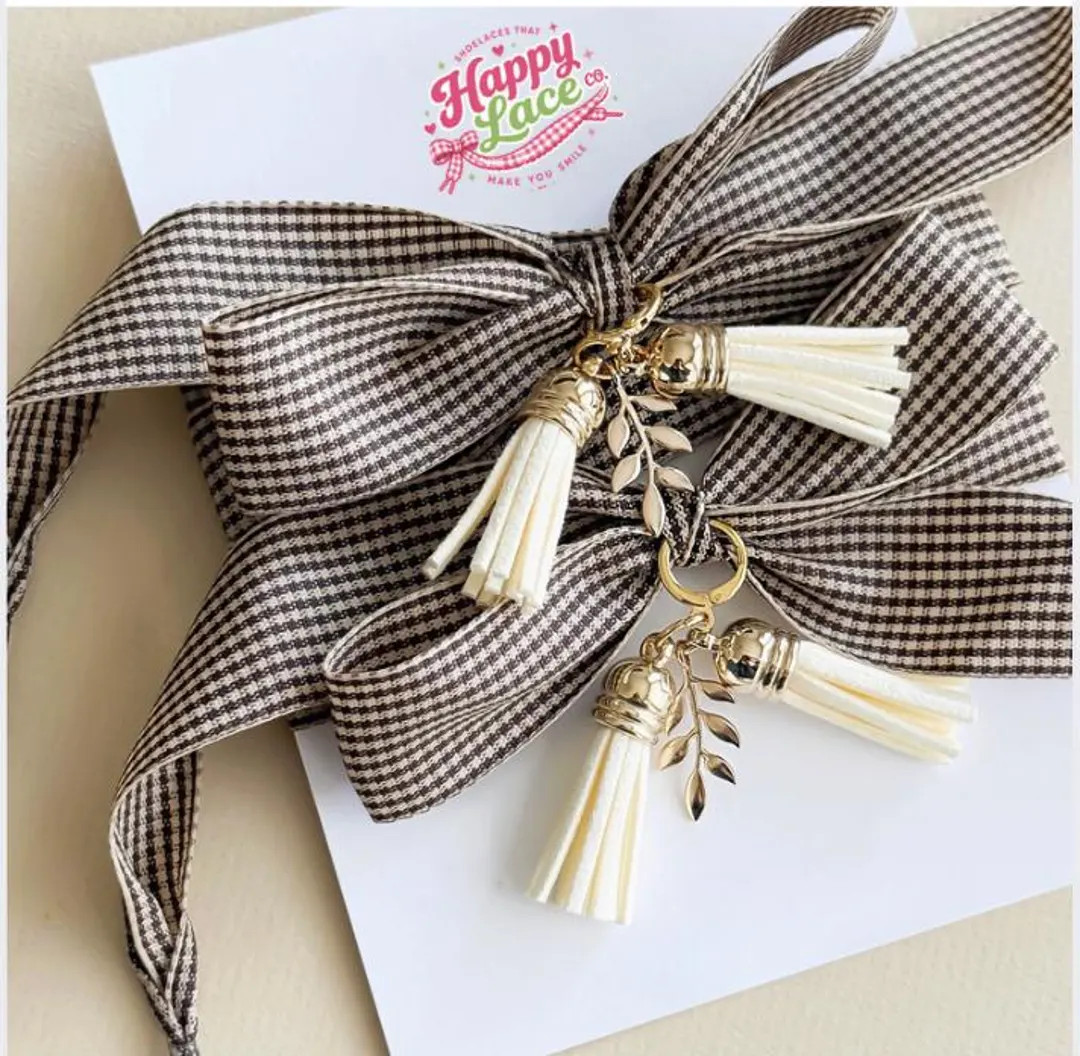 Brown Gingham Shoe Lace With Tassle Charms - Etsy | Etsy (Global)